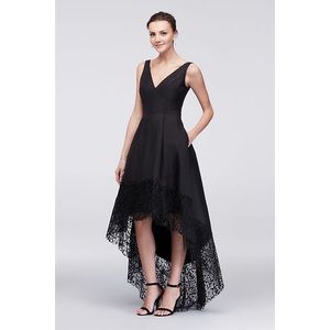 BETSY & ADAM Taffeta High-Low Ball Gown With Wide Lace Hem